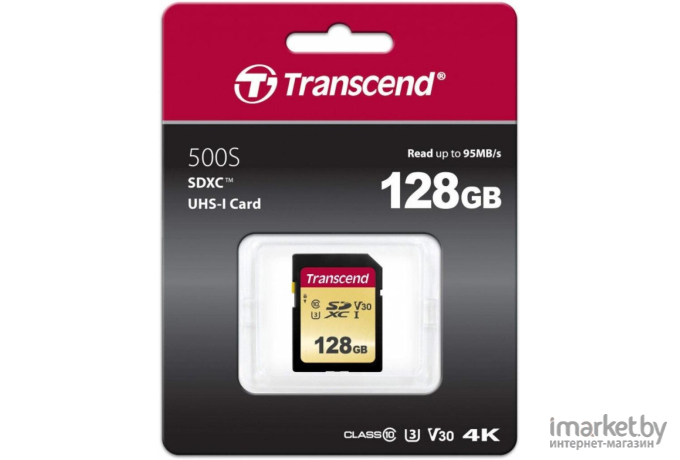 Карта памяти Transcend 128GB SDXC Class 10 UHS-I U3 V30 R95, W60MB/s [TS128GSDC500S]