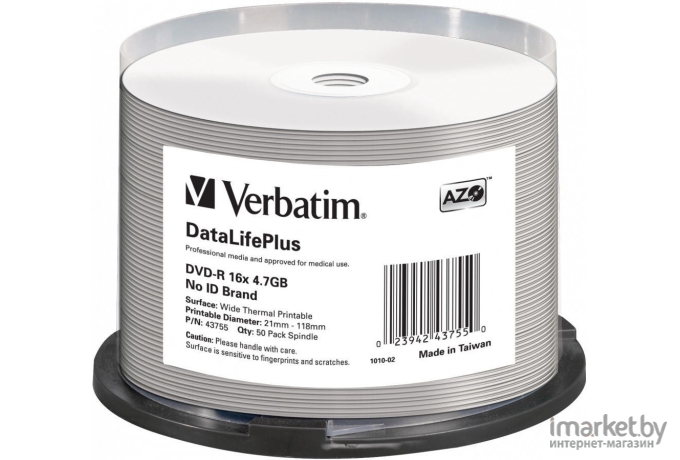 Оптический диск Verbatim DVD-R 4.7Gb 16x Printable Cake Box 50 шт [43755]