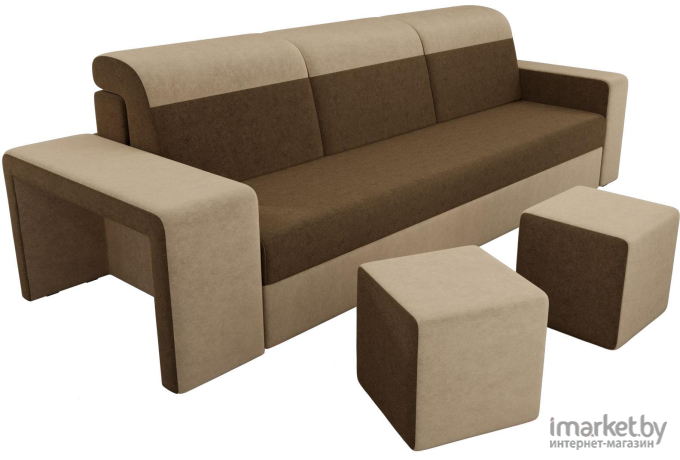 Комплект мягкой мебели Лига Диванов Мустанг с двумя пуфами 172 вельвет коричневый/бежевый