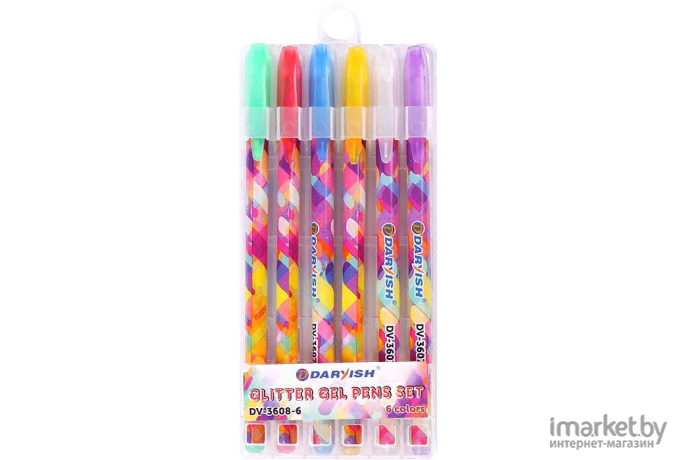 Ручка гелевая Darvish набор 6цв с блестками в пластиковом пенале + европодвес [DV-3608-6]