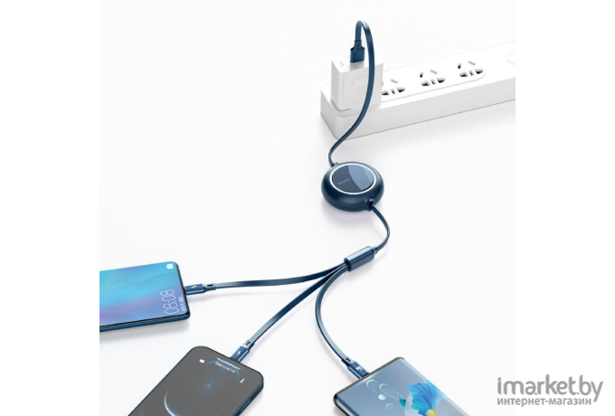 Кабель Baseus Bright Mirror One-for-three Retractable Data Cable USB to M+L+C 1.2m 66W Blue (CAMLC-MJ03)