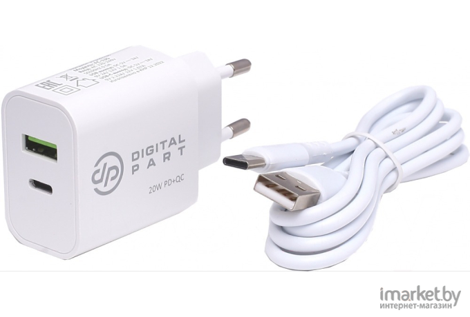 Сетевое зарядное устройство Digital Part FC-135 20W USB + USB-C с кабелем Type-C белый