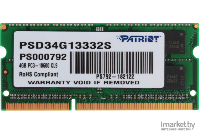 Оперативная память Patriot Signature 4GB DDR3 SO-DIMM PC3-10600 (PSD34G13332S)